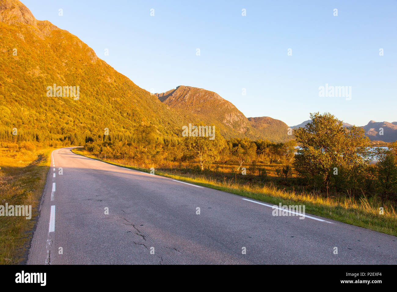 Straße, Berge, Sonnenuntergang, Arktis, Austvagoya, Lofoten, Norwegen, Europa Stockfoto