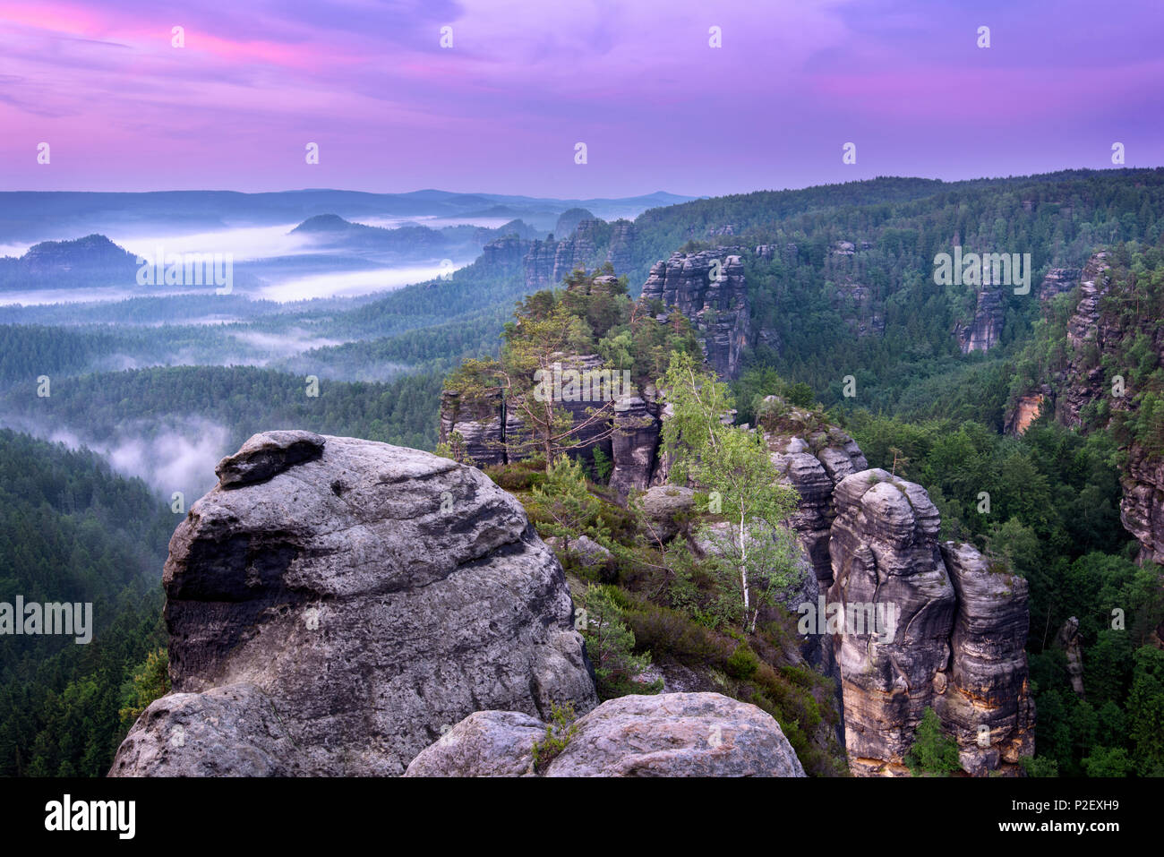 Sonnenuntergang, Heringstein, Aussicht, Sächsische Schweiz, Elbsandsteingebirge, Deutschland, Europa Stockfoto