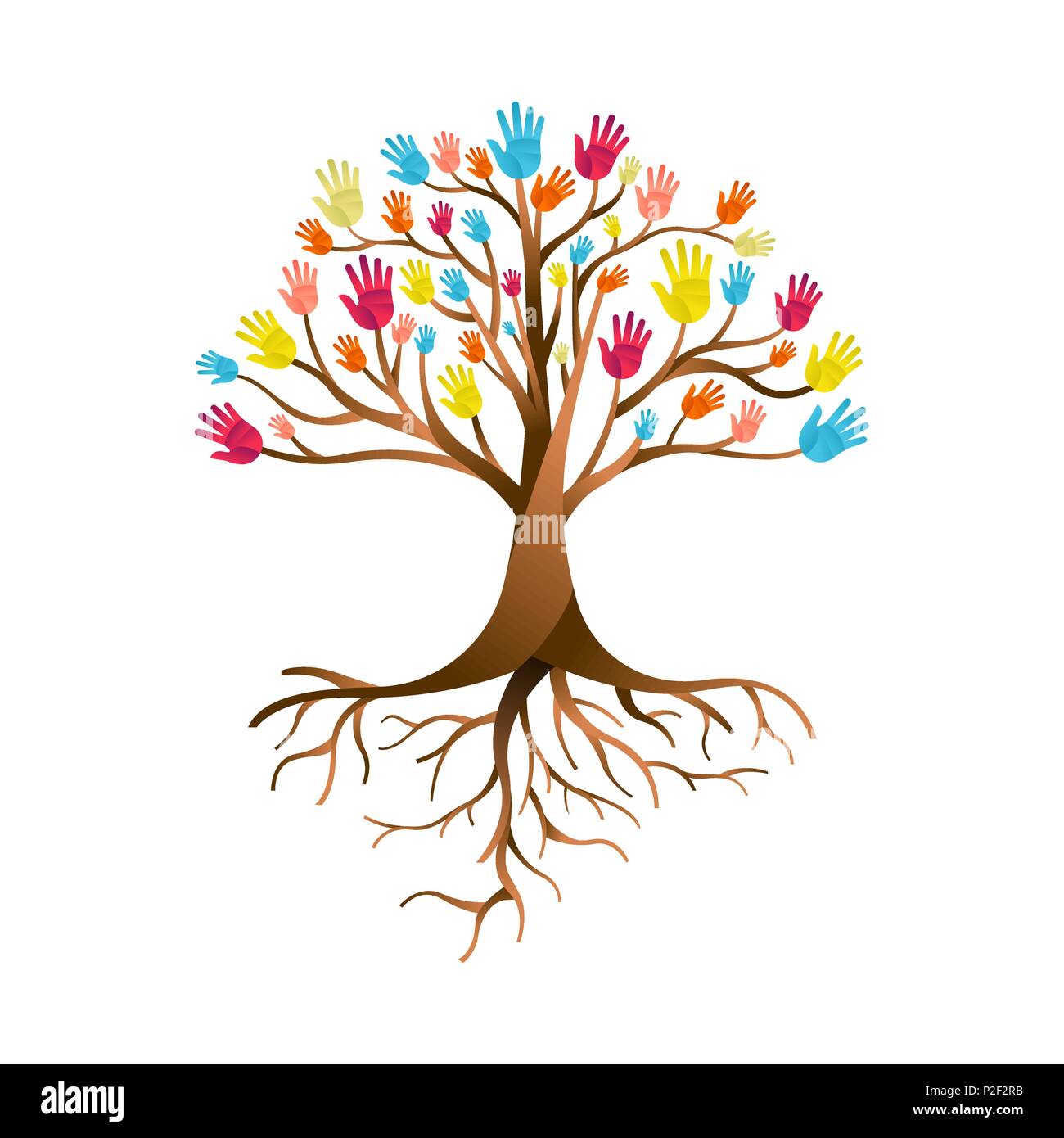 Baum aus bunten menschliche Hände mit Zweigen und Wurzeln. Community Hilfe Konzept, vielfältige Kultur Gruppe oder sozialen Projekt. EPS 10 Vektor. Stock Vektor