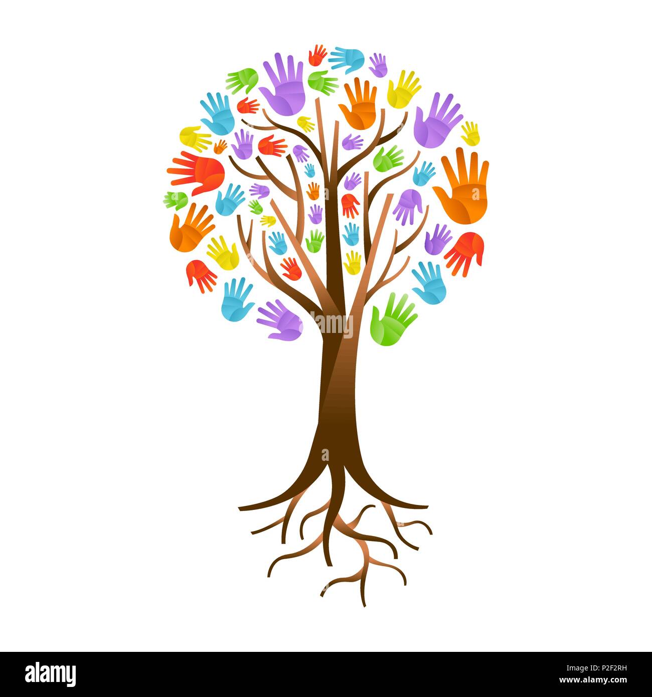 Baum aus bunten menschliche Hände mit Zweigen und Wurzeln. Community Hilfe Konzept, vielfältige Kultur Gruppe oder sozialen Projekt. EPS 10 Vektor. Stock Vektor
