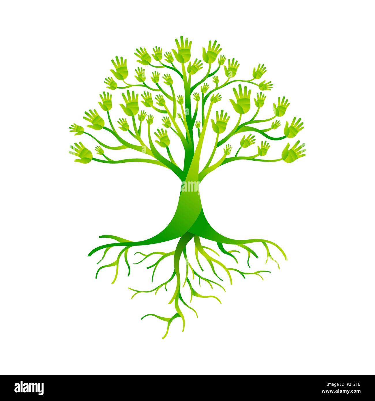 Baum aus grünem menschliche Hände mit Zweigen und Wurzeln. Natur Hilfe Konzept, Environment Group oder Erde pflege Teamarbeit. EPS 10 Vektor. Stock Vektor