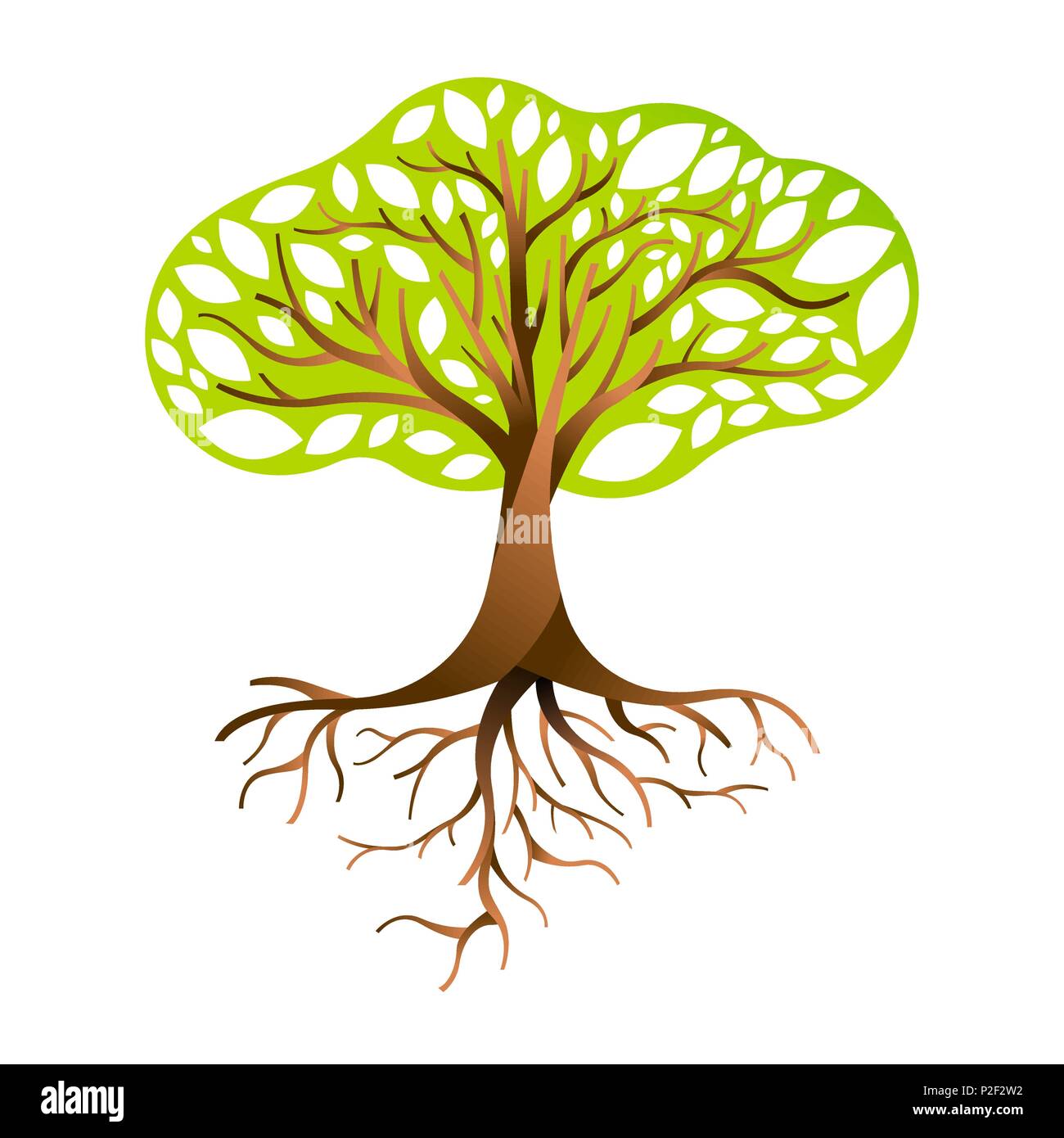 Baum aus grünen Blättern mit Zweigen und Wurzeln. Natur, Umwelt helfen oder Erde kümmern. EPS 10 Vektor. Stock Vektor