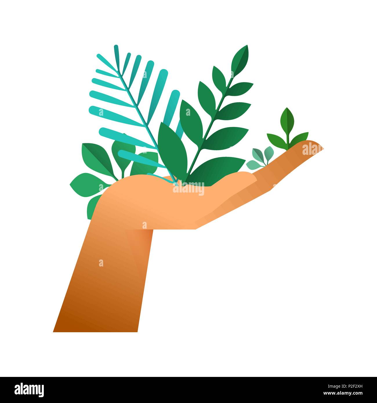 Die menschliche Hand, grüne Blätter, schröpfen Geste auf isolierten Hintergrund. Natur Hilfe Konzept oder Umweltschutz Abbildung. EPS 10 Vektor. Stock Vektor