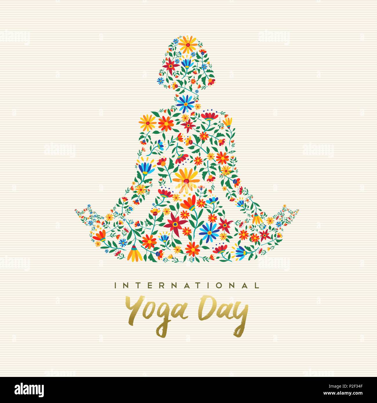 Internationale yoga Tag Design für eine besondere Veranstaltung. Mädchen der Meditation im Lotussitz der Blumendekoration, entspannungsübung Abbildung. EPS 10 vect Stock Vektor