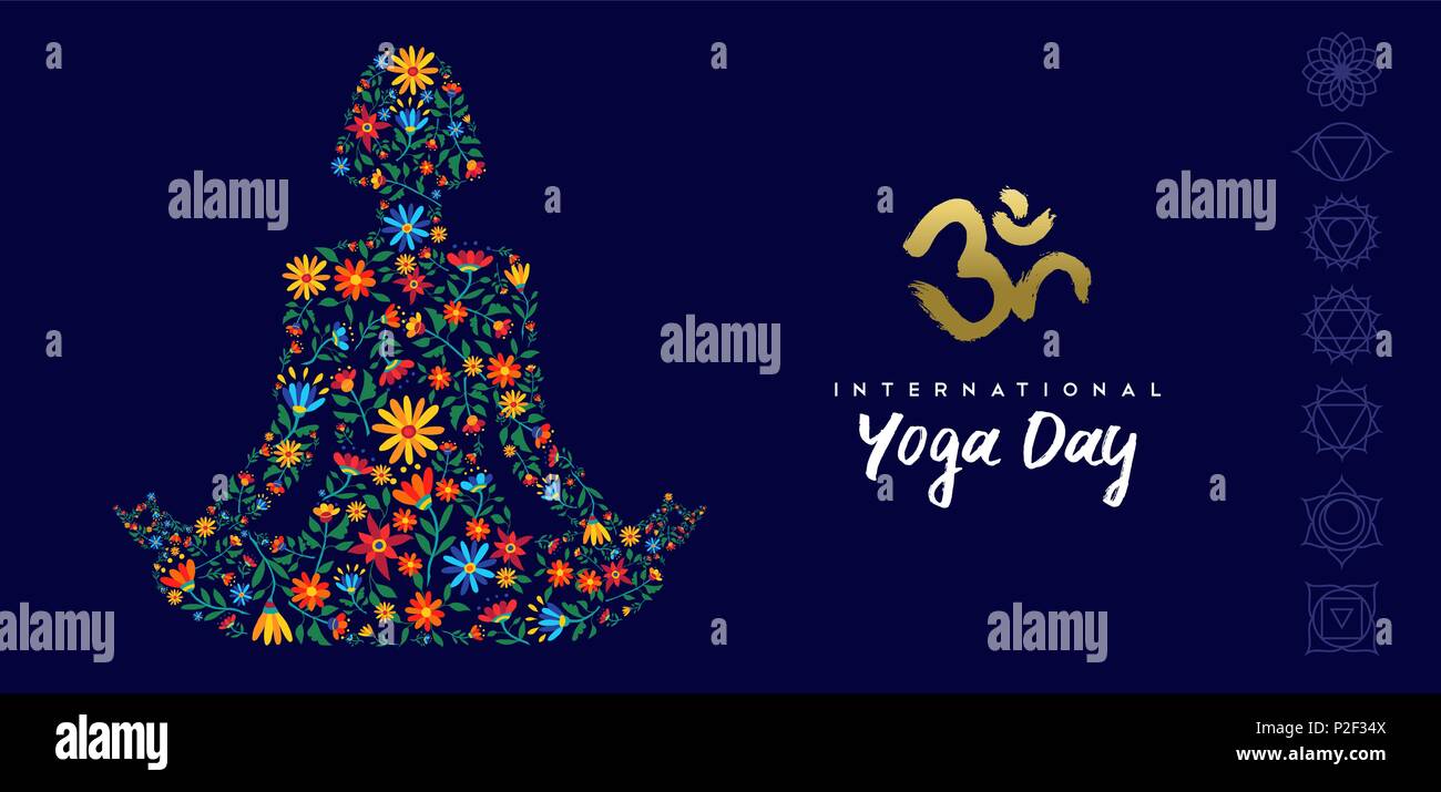 Internationale yoga Tag Web Banner für eine besondere Veranstaltung. Mädchen der Meditation im Lotussitz der Blumendekoration, entspannungsübung Abbildung. EPS 10. Stock Vektor