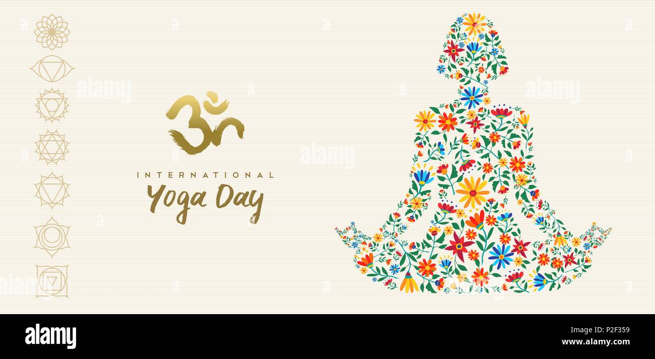Internationale yoga Tag Web Banner für eine besondere Veranstaltung. Mädchen der Meditation im Lotussitz der Blumendekoration, entspannungsübung Abbildung. EPS 10. Stock Vektor