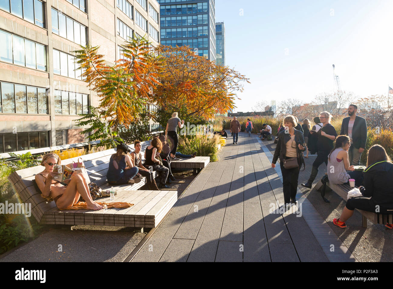 Menschen zu Fuß entlang der High Line, einer erhöhten Abschnitt einer stillgelegten New York Central Railroad, Stadtzentrum, Manhattan, New York Ci Stockfoto