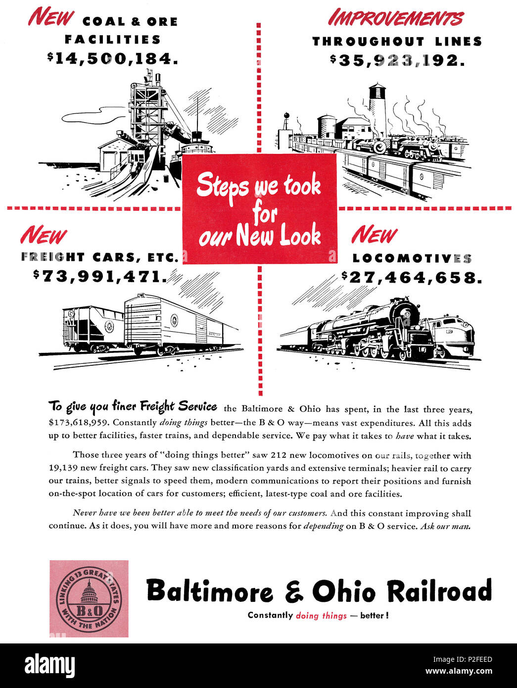 1949 US-Werbung für die Baltimore and Ohio Railroad. Stockfoto