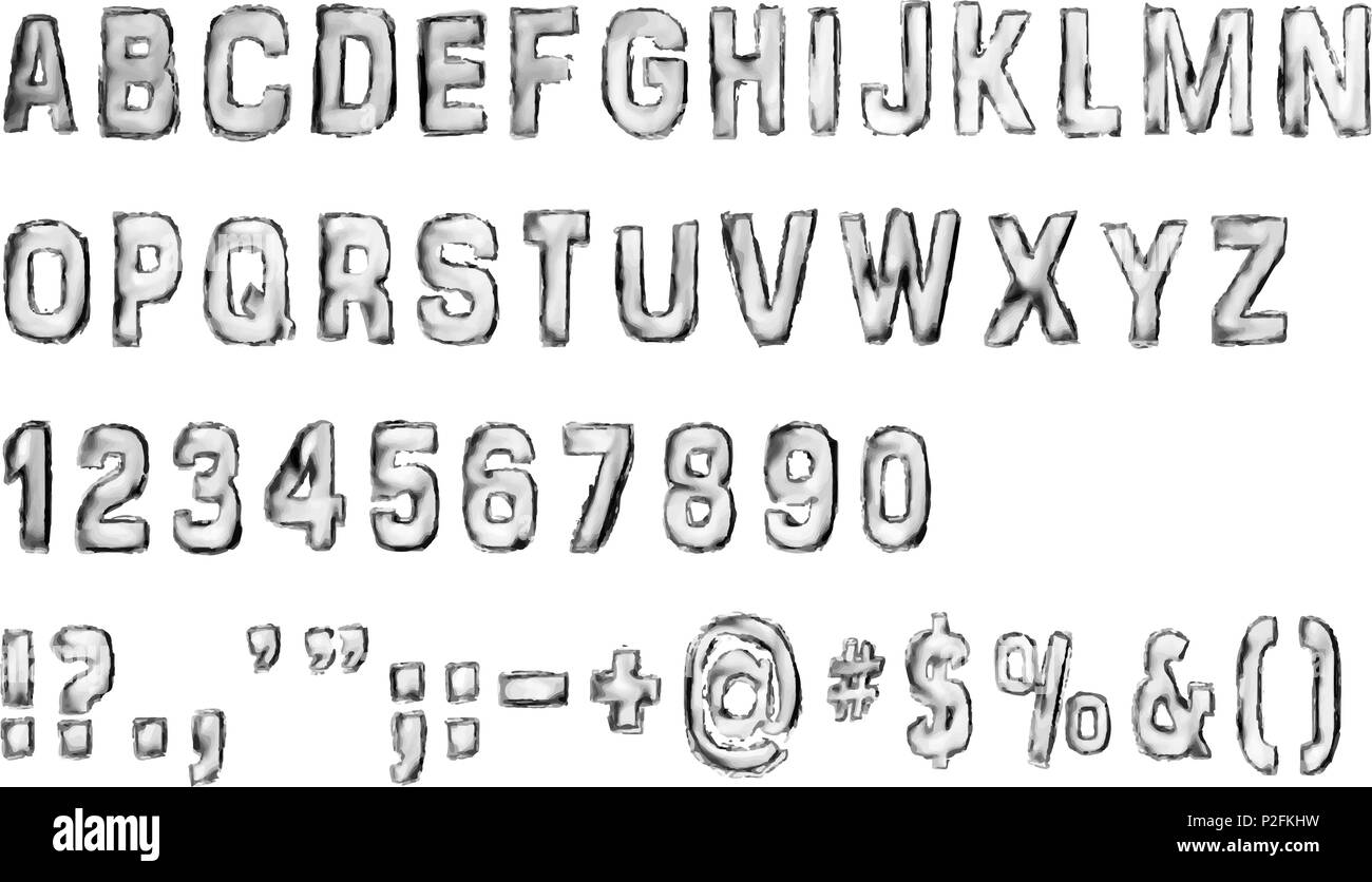 Englische Alphabet, Zahlen sowie einige Symbole, Vector Illustration gemacht wie ein Stempel mit Farbe. Stock Vektor