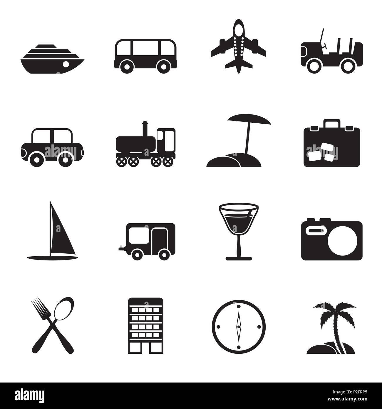 Silhouette Reisen, Verkehr, Tourismus und Urlaub Symbole - Vektor Icon Set Stock Vektor
