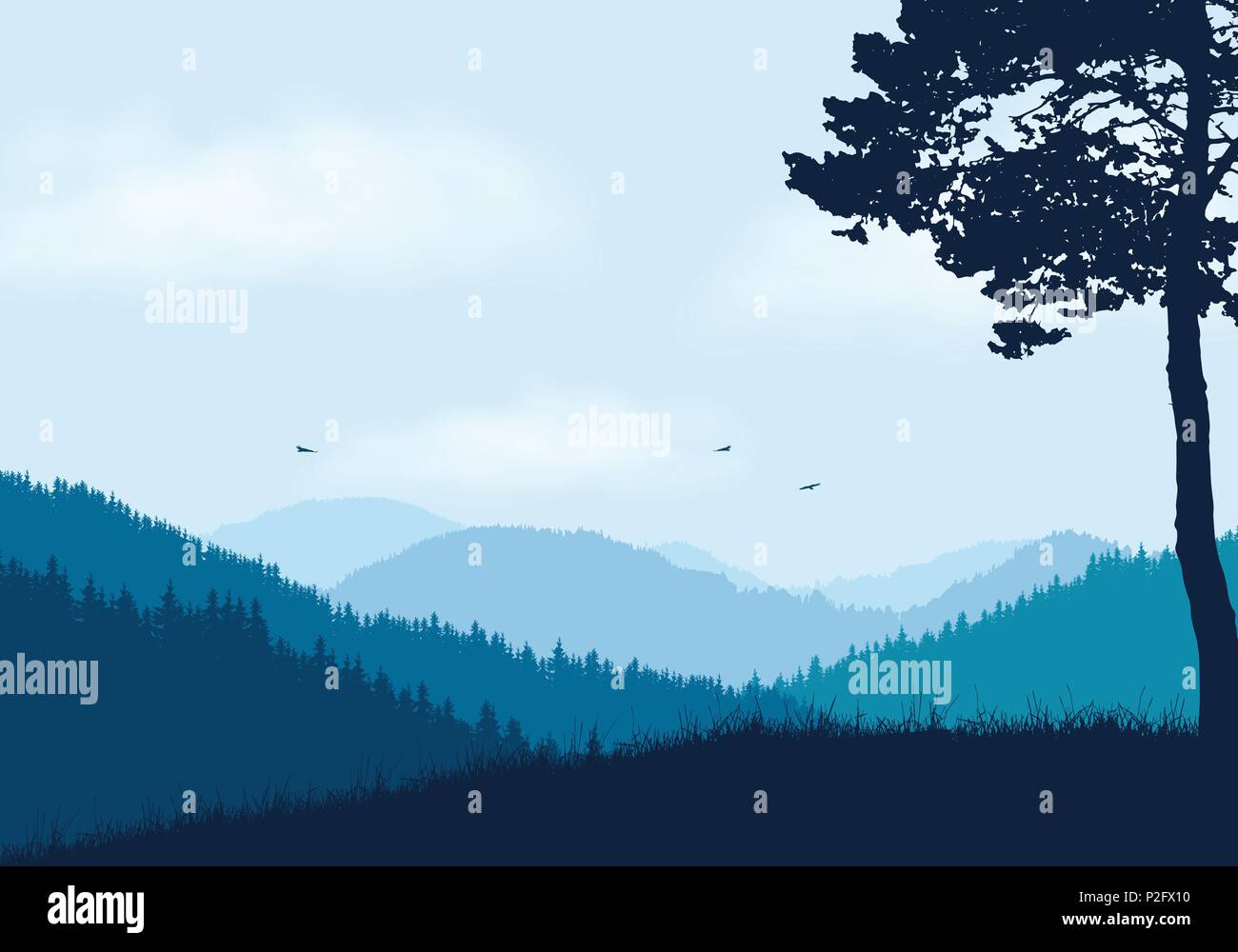 Berglandschaft mit Wald und Hügel, unter blauem Himmel mit Wolken und Vögel - Vektor mit Platz für Ihren Text Stock Vektor