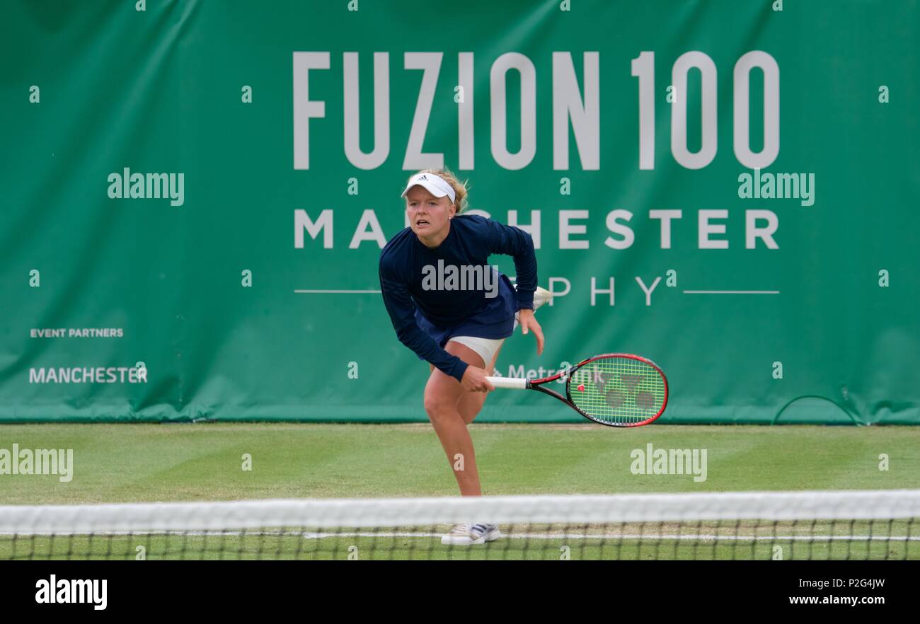 Manchester UK 15 Juni 2018 Harriet Dart (GB) in Aktion in Ihrem Viertelfinale gegen Ysaline Bonavebture (Belgien) an der Fuzion anzeigen 100 Manchester Trophäe gehalten an der Nördlichen Tennis und Squash Club in West Didsbury. Bonaventura gewinnt 6-4, 6-3. Quelle: John Fryer/Alamy leben Nachrichten Stockfoto