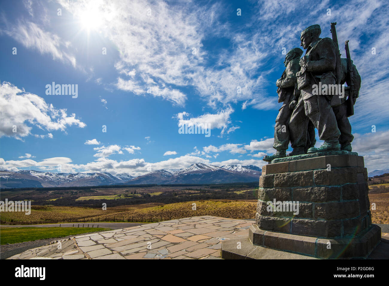 Die Commando Memorial in Spean Bridge in den Highlands von Schottland. Die Statue dieser tapferen Männer, die im Zweiten Weltkrieg gekämpft Gesichter der Ben Nevis Range Stockfoto