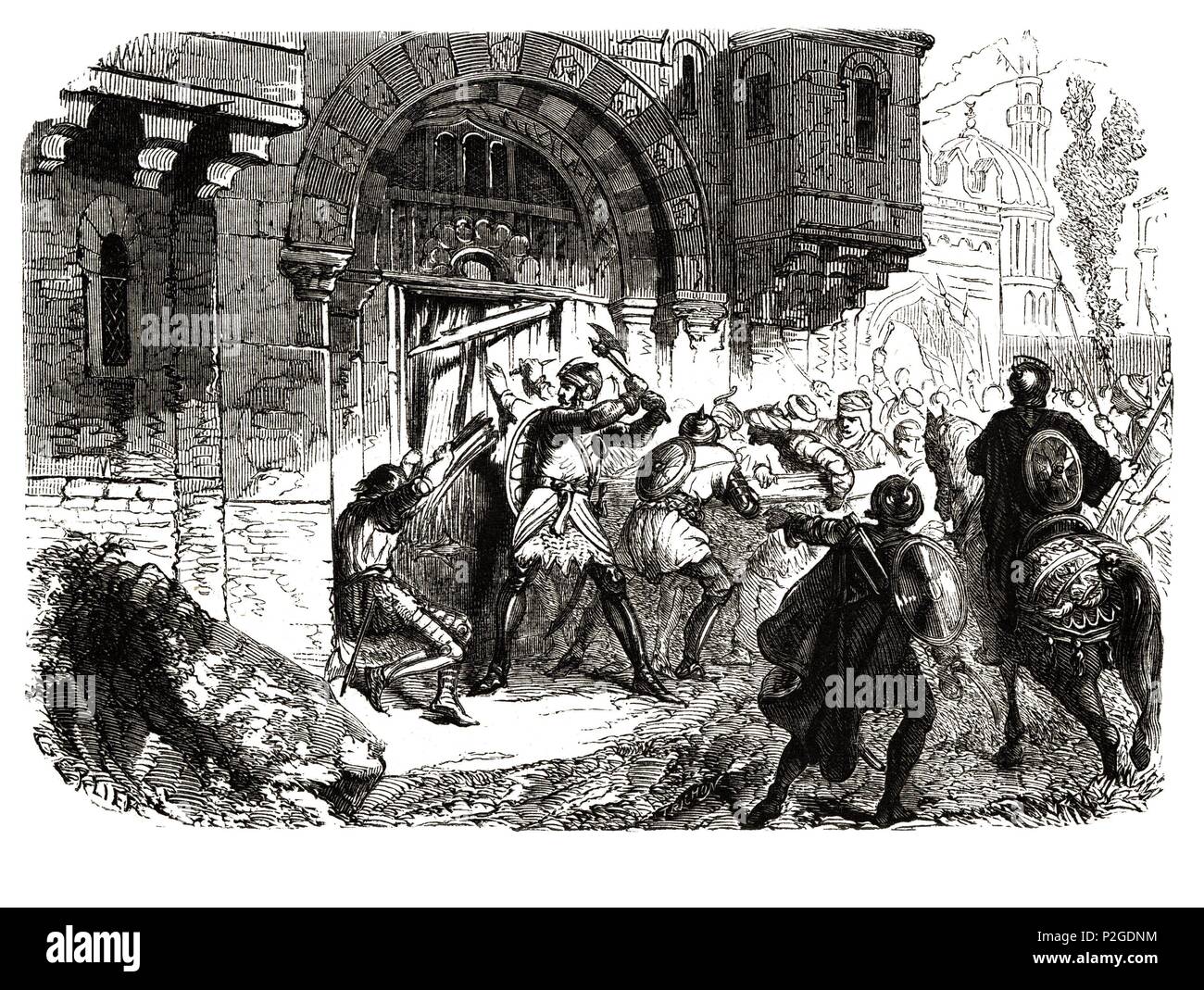 Juan II. Comneno, emperador de Bizancio enfrentándose ein Los pechenegos, Pueblo originario de Zentralasien. Grabado de 1866. Stockfoto