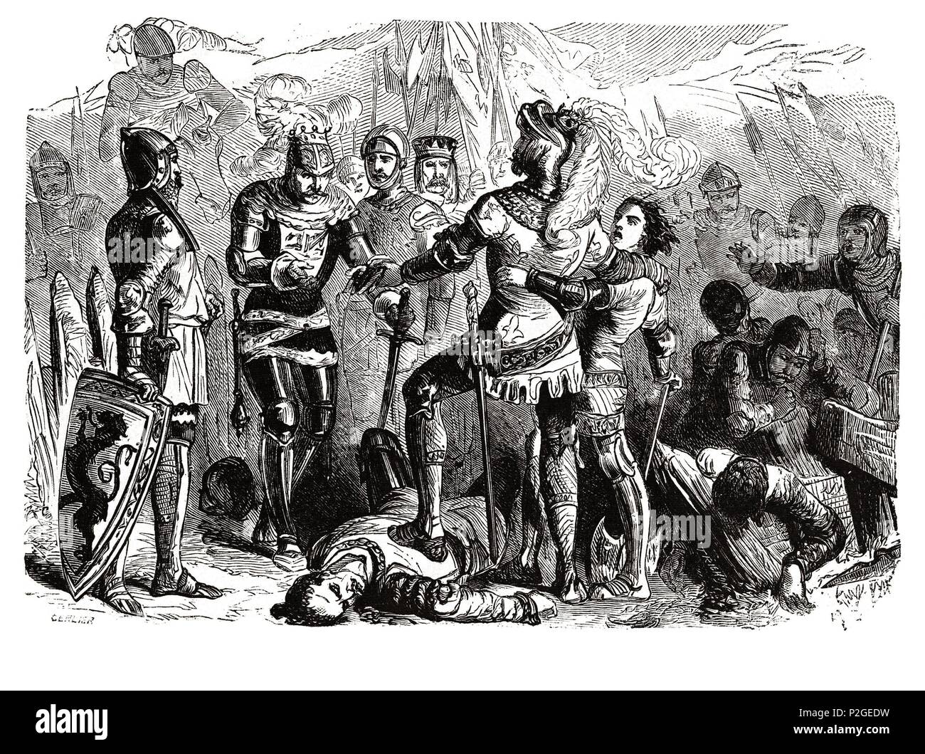 Juan II., el Bueno (1319-1364), Rey de Francia. En la guerra contra los Ingleses, fue vencido y Hecho prisionero de Poitiers el 19 de Septiembre de 1356. Grabado de 1866. Stockfoto