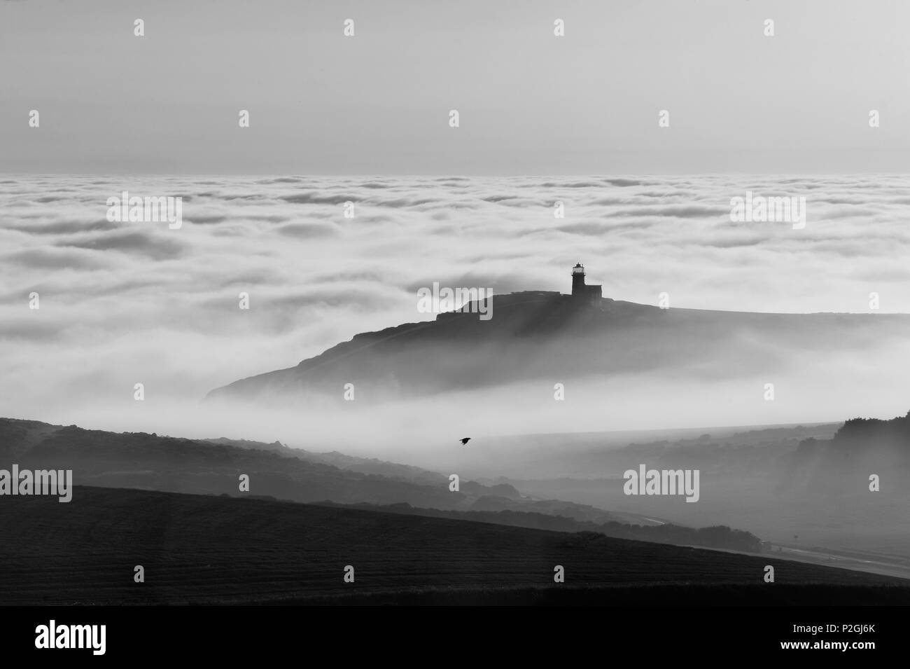 Belle Tout Leuchtturm im Nebel Stockfoto