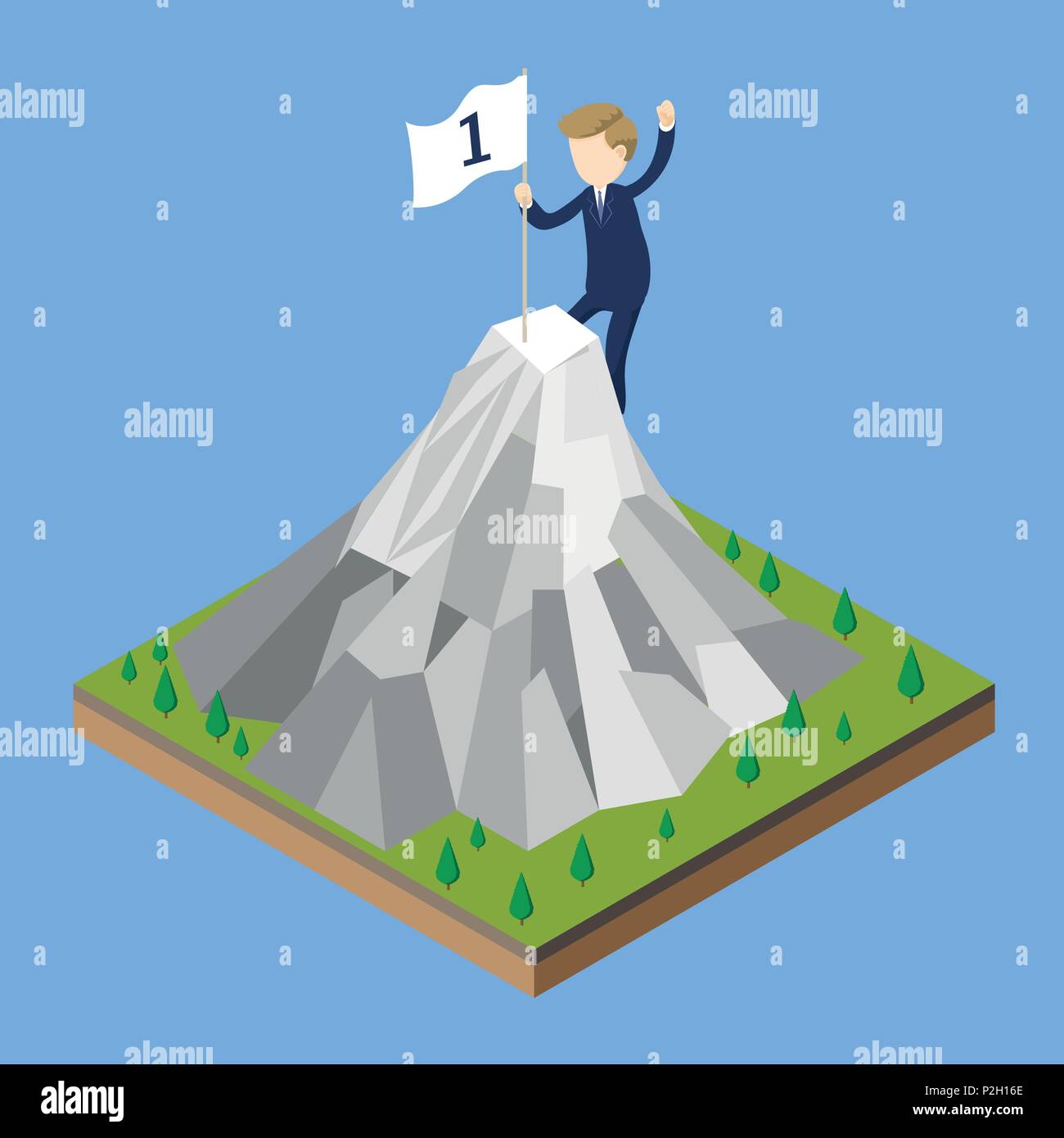 Geschäftsmann klettern Berg, Business Mann mit Flagge auf Peak, für Top Winner trophy Konzept web Infografiken. Kreative Menschen. Vektor Stock Vektor