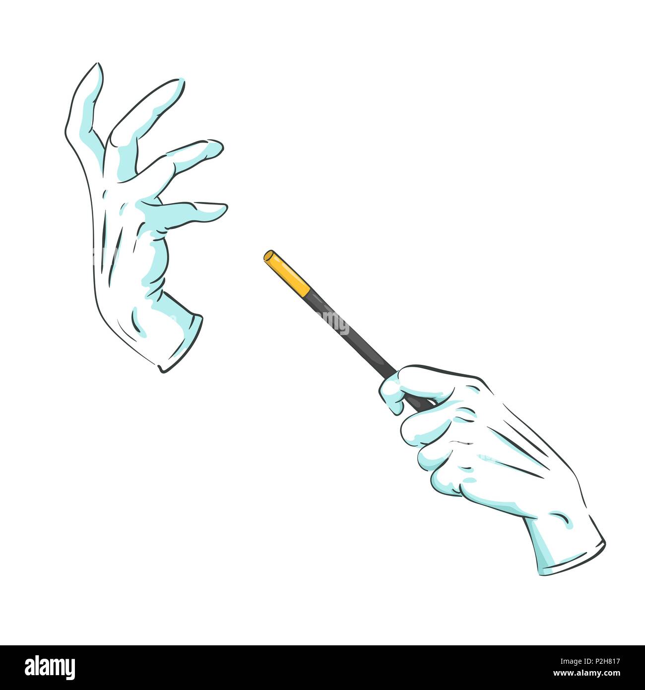 Vector Illustration der Magier die Hände in Handschuhe mit einem Zauberstab Durchführen einer konzentrieren, auf Weiß mit Kopie Raum isoliert Stock Vektor