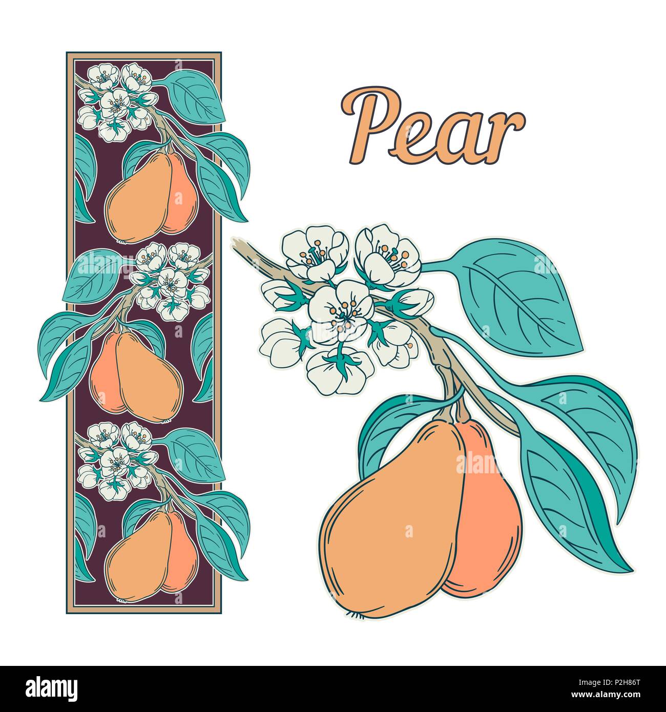 Vector Illustration eines Pear Tree Zweig und vertikale Ornament im Retro-look im Viktorianischen Stil, Blumen blühen und reifen Früchten, Jugendstil dekorativ Bo Stock Vektor