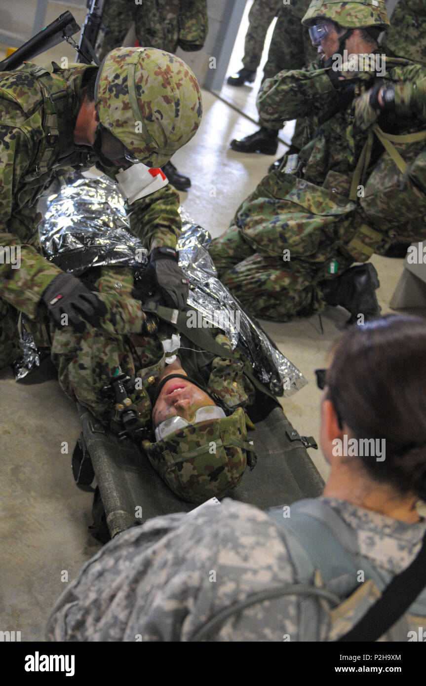 Japan Masse Verteidigung-kraft Ärzte behandeln einen verwundeten Kameraden während der US-Armee, die Ärzte bei einem bilateralen medizinische Ausbildung Übung an Aibano Training Area, Japan, Sept. 12, 2016. Szenarien in der Übung erlaubt Amerikanische und Japanische ärzte Best Practices für Unfall- Behandlung in einer simulierten hoher Stress Umwelt zu teilen. (U.S. Army National Guard Foto: Staff Sgt. Margaret Taylor) Stockfoto