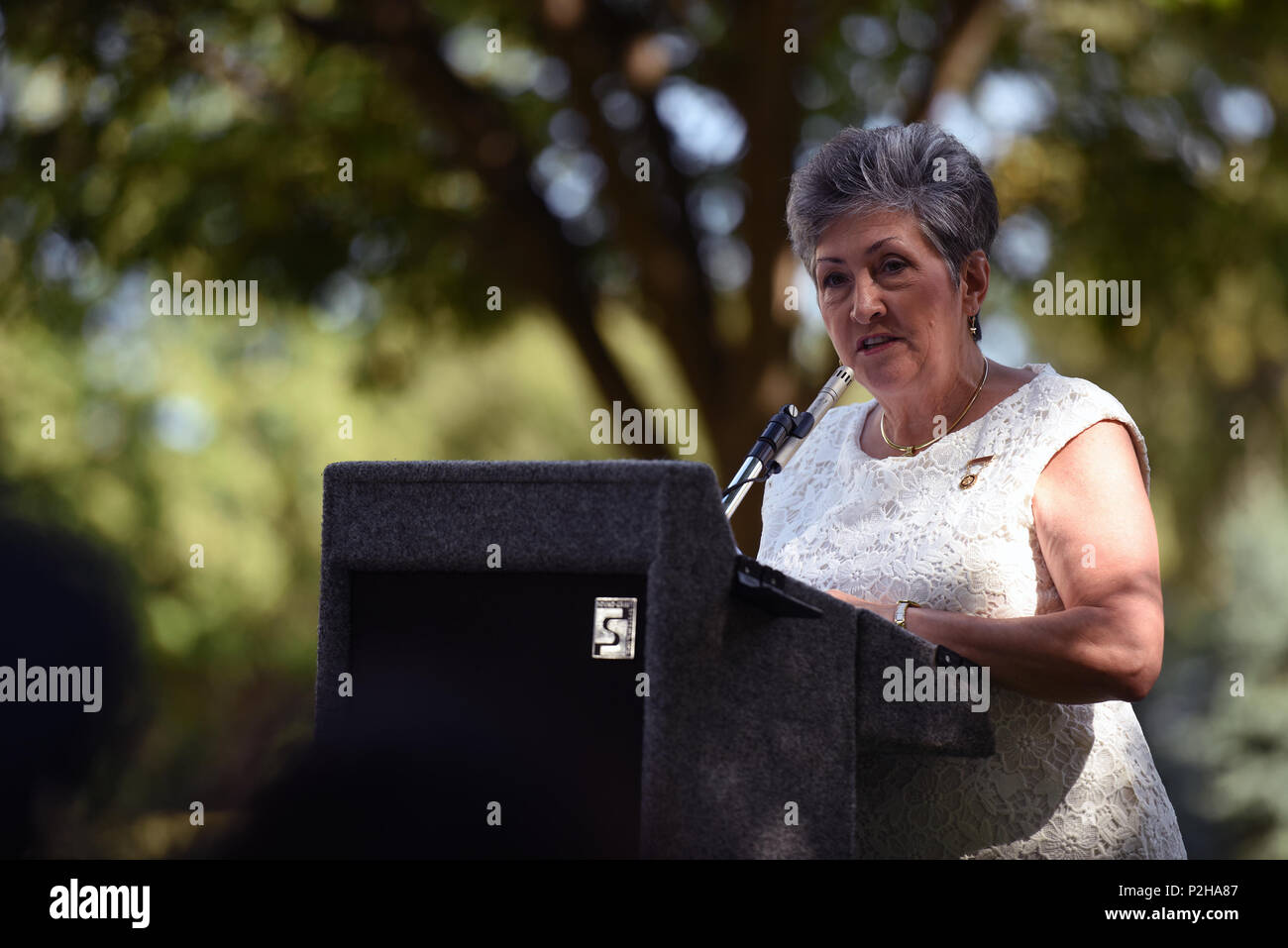 Candy Martin, nationalen Präsidenten, American Gold Star Mütter, macht Bemerkungen während der gedenkfeiern auf Gold Star Mutter und der Tag der Familie, den Nationalfriedhof Arlington, Arlington, Virginia, Sept. 25, 2016. (U.S. Army National Guard Foto von Sgt. 1. Klasse Jim Greenhill) Stockfoto