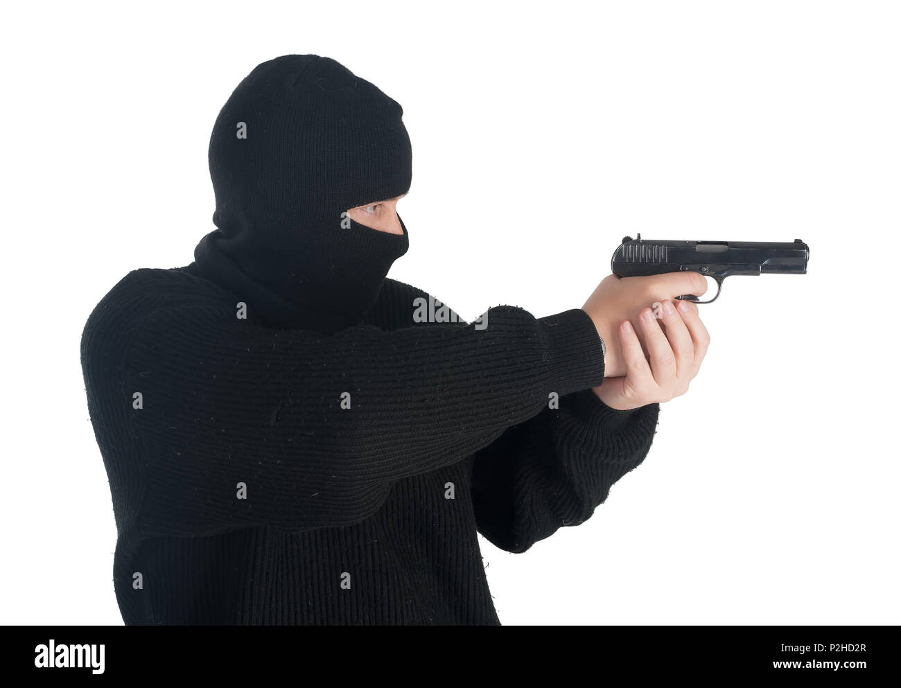 kriminellen terroristischen Mann Waffe auf weißem Hintergrund Stockfoto