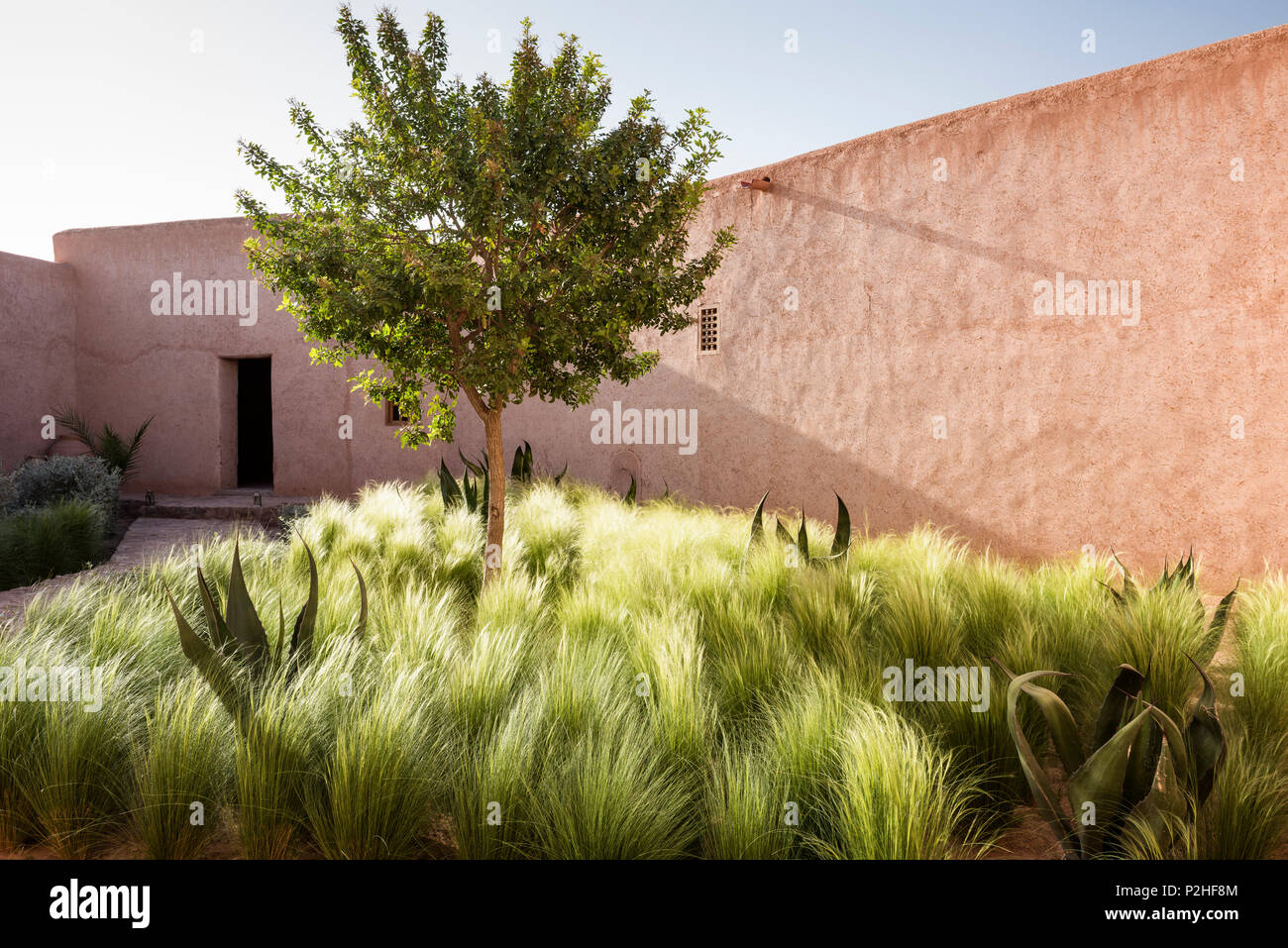 Die Außenfassade des Adobe Berber-stil Lodges mit Innenhof von Lemon Tree, Gräser und Kakteen Stockfoto