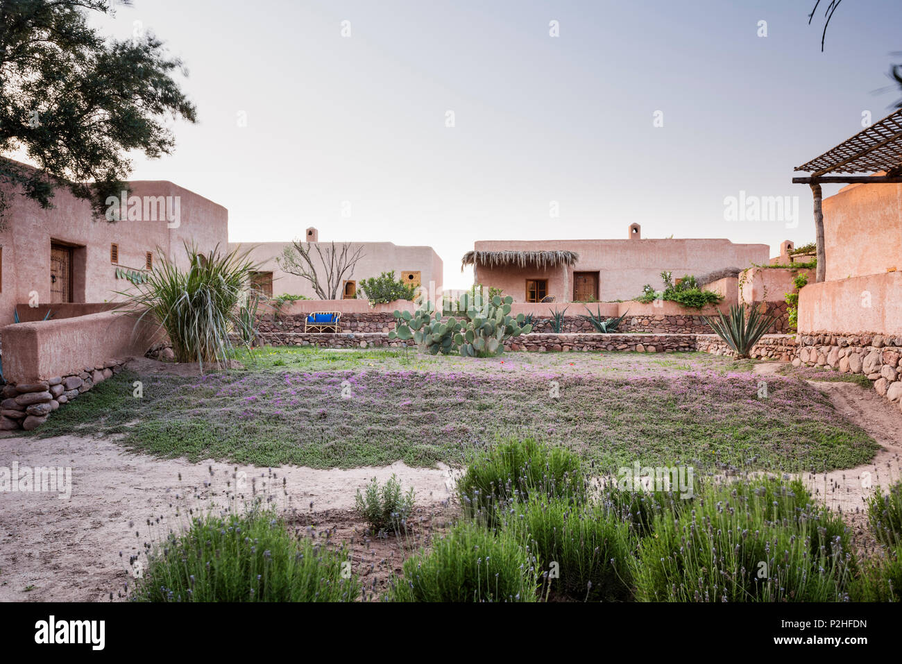 Die Außenfassade des Adobe Berber-stil Lodges mit Garten von Lavendel, Kräuter und marokkanische Wildpflanzen. Garten Design von Arnaud Casaus Stockfoto