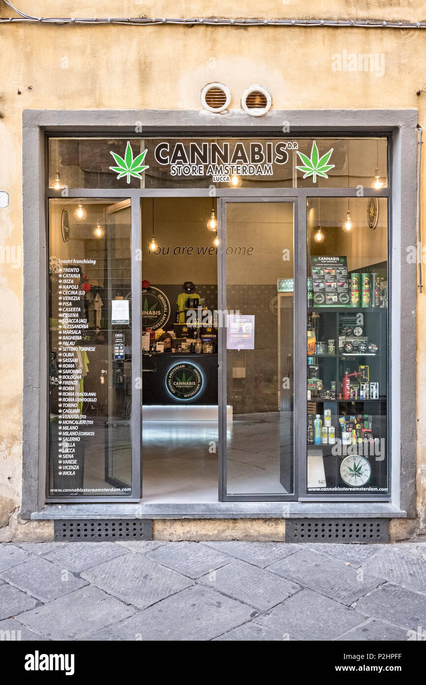 Lucca, Toskana, Italien. Ein Zweig der Amsterdam Store Franchise Verkauf von Cannabis Cannabis Produkte und Geräte für Raucher Stockfoto