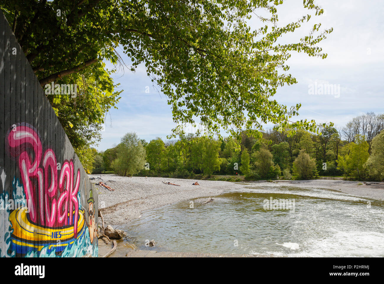 Graffiti am Flaucher, Strand und Grillplatz, Isar, Frühling, München, Oberbayern, Bayern, Deutschland, Europa Stockfoto