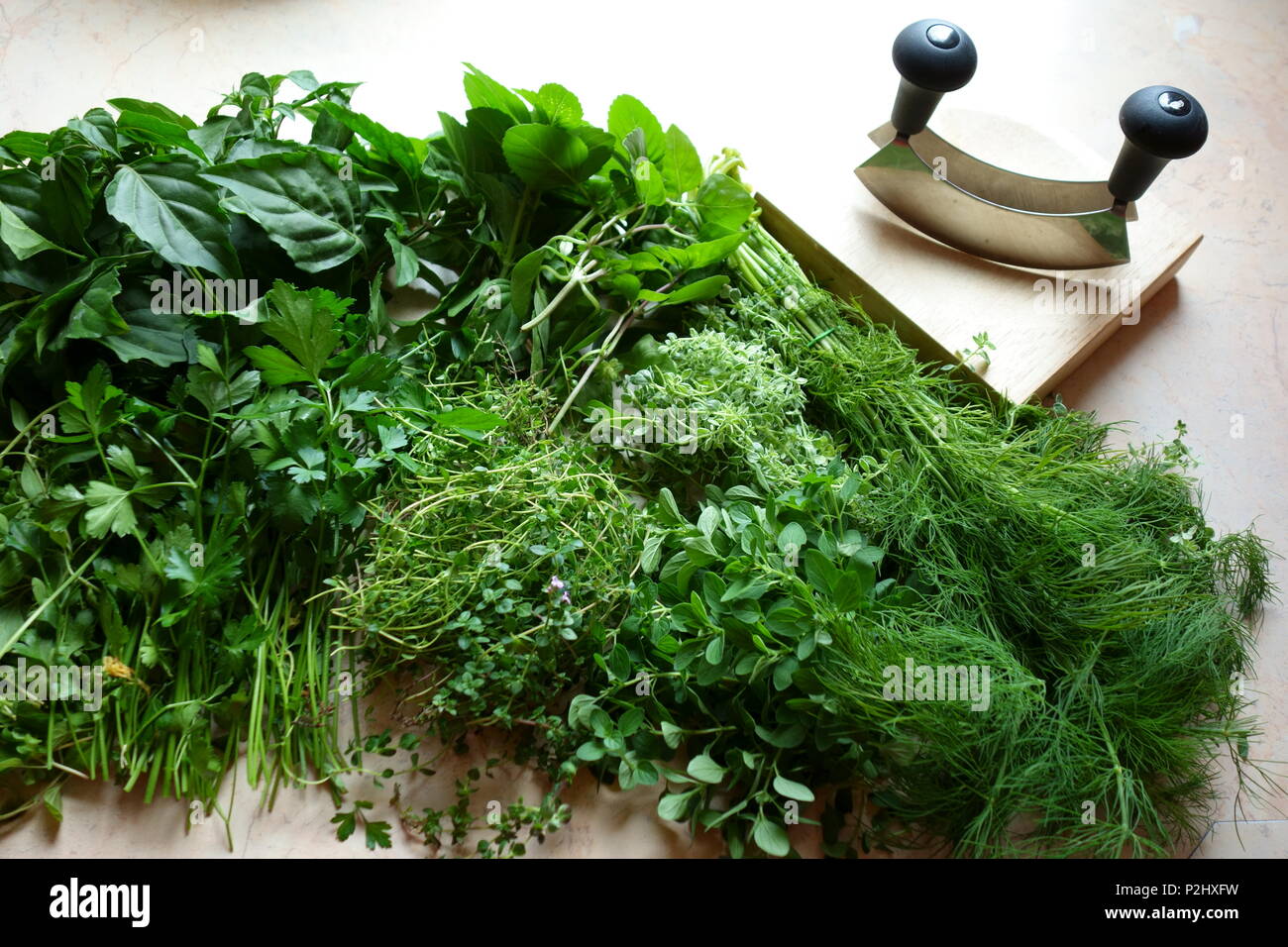 Frische Kräuter und Häckseln Utensilien Stockfoto