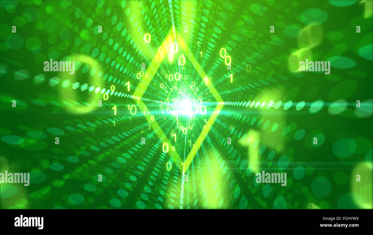 Ein frohes 3d-Abbildung des Fliegens gelb Nullen und Einsen mit einem fröhlichen Memo über einen rhombus Portal in das Licht grün Hintergrund mit gl gehen Stockfoto