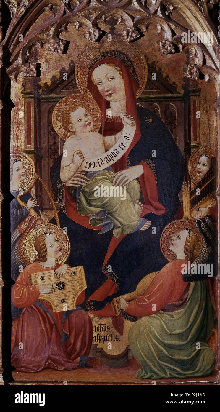 TRIPTICO DE LA VIRGEN CON EL NIÑO Y ANGELES MUSICOS - TABLA - 1410 - ESCUELA SEVILLANA - TEMPEL AL HUEVO - 73,5 x 81 cm. Thema: SEVILLA JUAN/MAESTRO DE LA RODA/HISPALENSE JUAN. Lage: Museo Lázaro Galdiano - COLECCION, MADRID, SPANIEN. Stockfoto