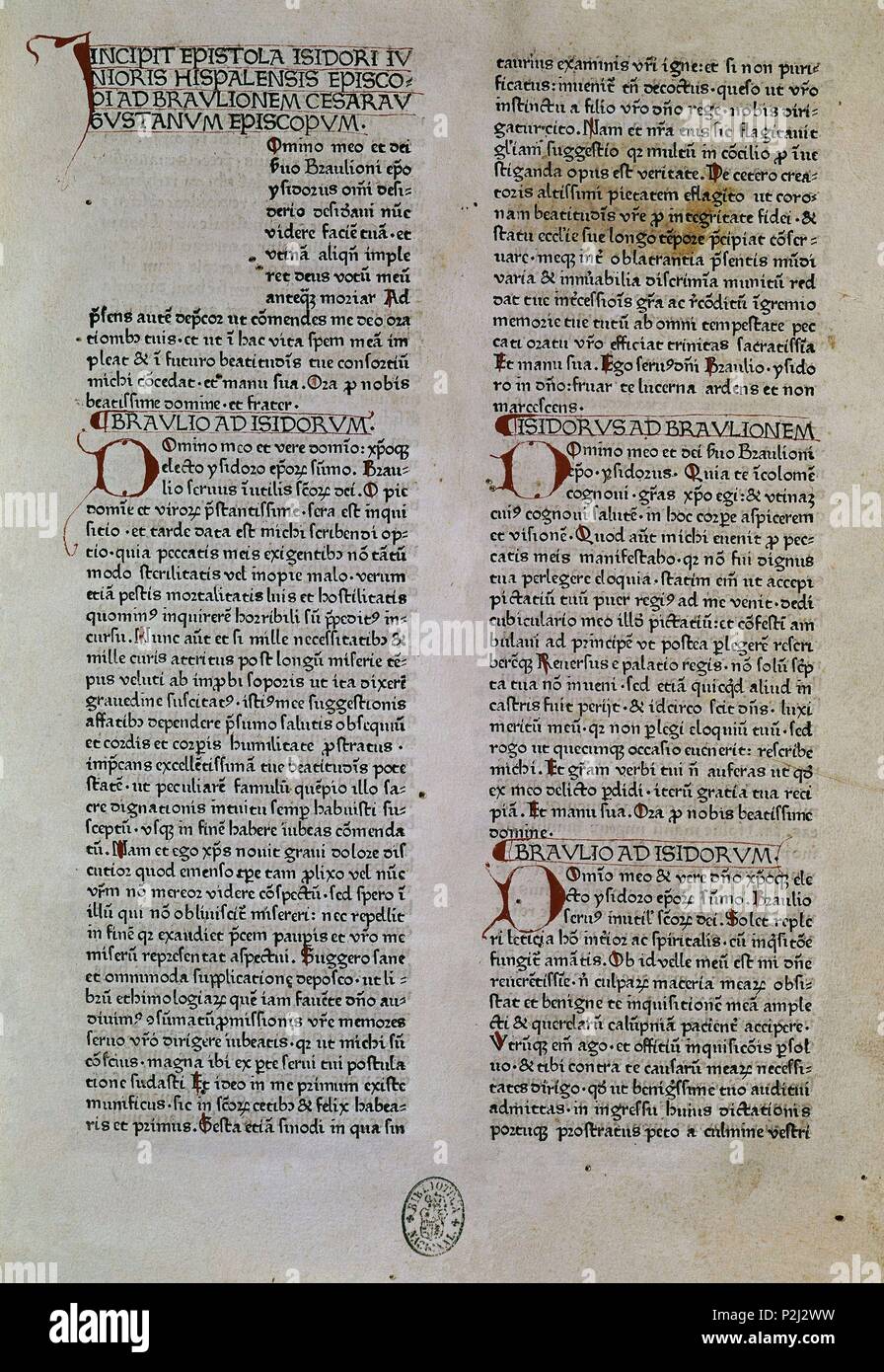 INCUNABLE - CODICE CON LAS CARTAS ENTRE ISIDORO DE SEVILLA Y BRAULIO DE ZARAGOZA. Thema: St. Isidor von Sevilla. Lage: Biblioteca Nacional - COLECCION, MADRID, SPANIEN. Stockfoto