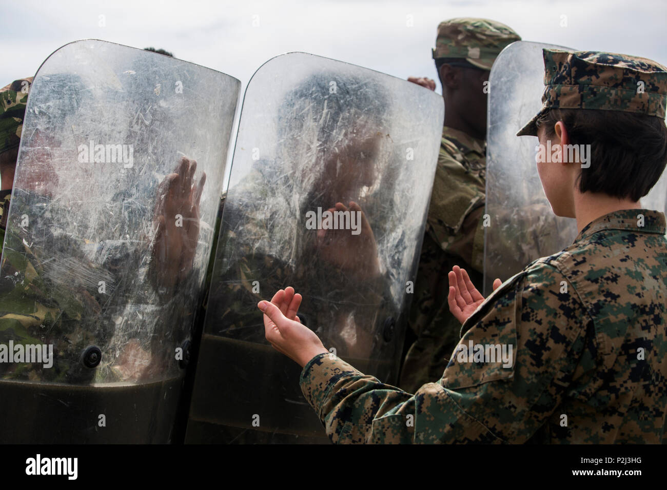 Frauen, die mit einem US-Marine weibliche Engagement Team in Europa, ihre Fähigkeiten in der Marine Corps martial arts gezeigt, nicht-tödliche Waffen, ausländischen Waffen Handling und zur Bekämpfung der lifesaving auf Rumänisch und US-Soldaten in Rumänien, 29. Sept. 2016. Die Marines verbrachten zwei Wochen tun, militärische und militärisch-zivilen Engagements der regionalen Sicherheit und Stabilität zu verbessern. (U.S. Marine Corps Foto von Sgt. Michelle Reif) Stockfoto