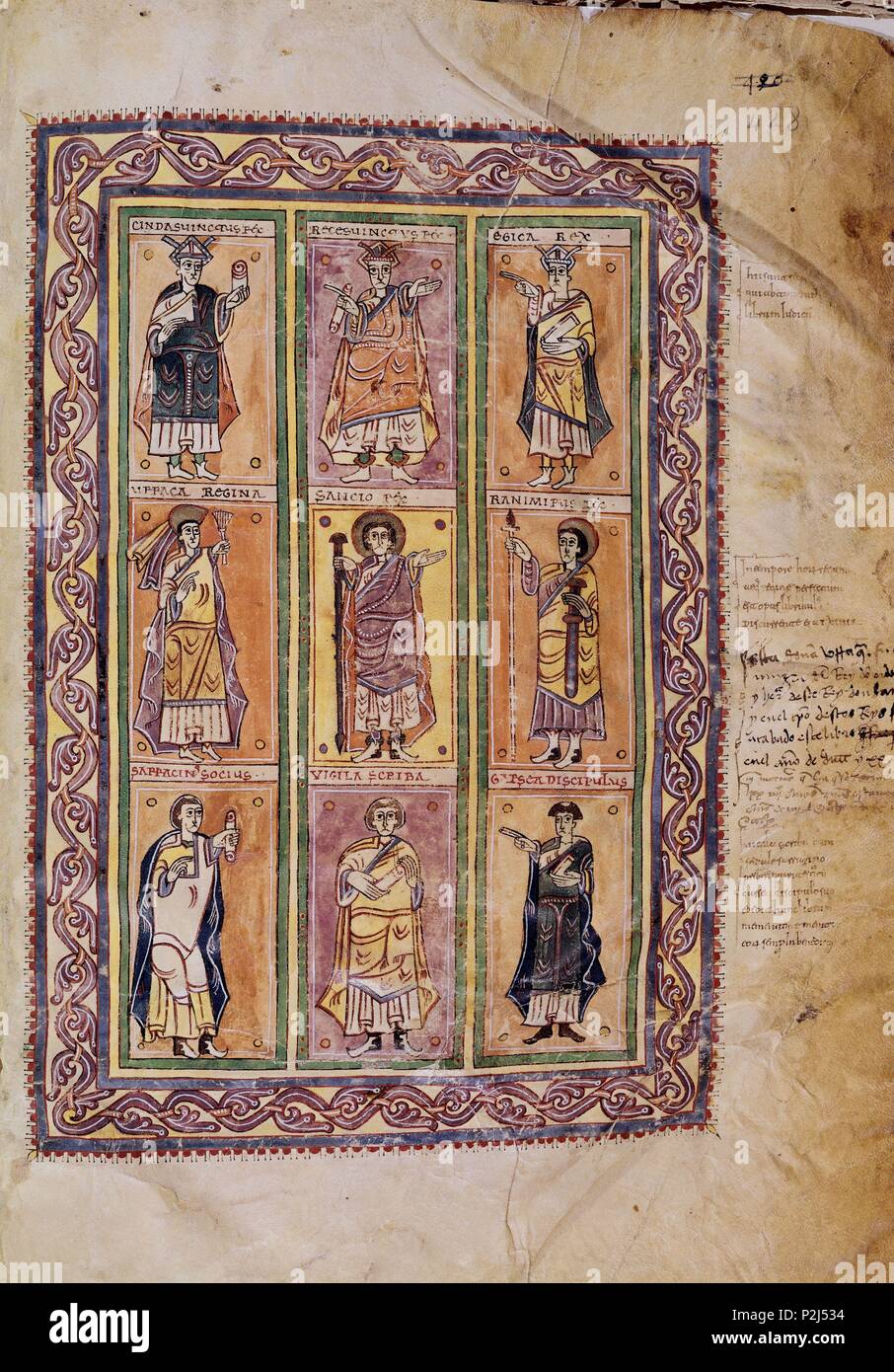 CODICE ALBENDENSE O CONCILIORUM O MANUSCRITO VIGILANUS - DEL AÑO 976 - REYES VISIGODOS Y TRES DE LOS AUTORES COPISTAS-F 428. Lage: MONASTERIO - BIBLIOTECA - COLECCION, SAN LORENZO DEL Escorial, Madrid, Spanien. Stockfoto