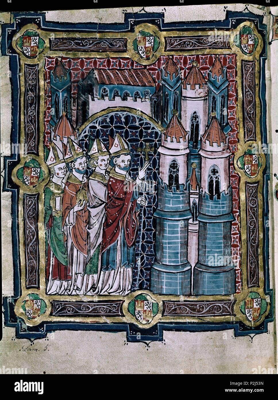 LIBRO DE LA CORONACION DE LOS REYES - OBISPOS CASTELLANOS ESPERANÇA AL REY FRENTE A UNA FORTALEZA - SIGLO XIV. Lage: MONASTERIO - BIBLIOTECA - COLECCION, SAN LORENZO DEL Escorial, Madrid, Spanien. Stockfoto