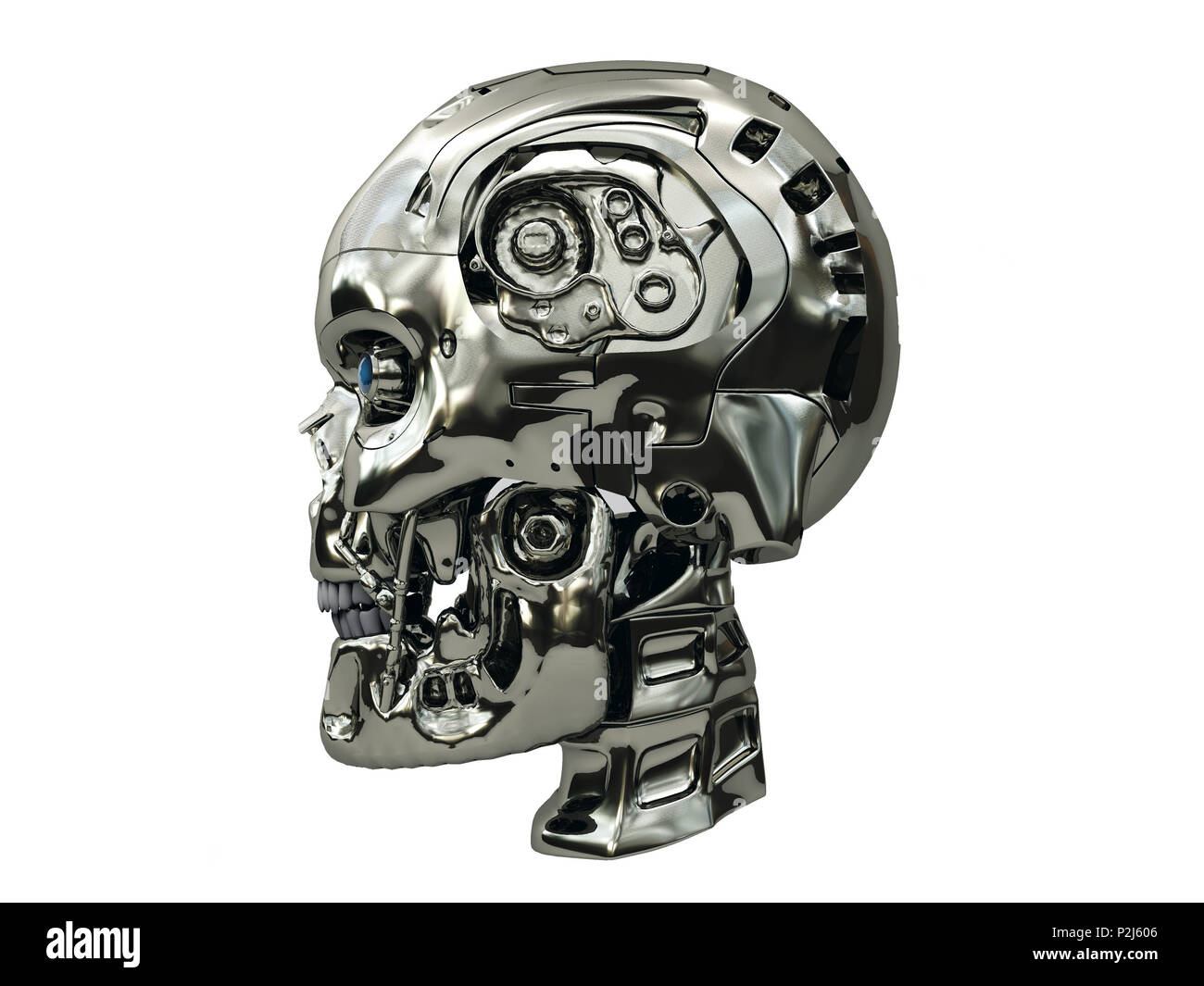 Roboter skull mit metallischen Oberfläche und blau leuchtende Augen auf Seitenansicht, auf weißem Hintergrund Stockfoto