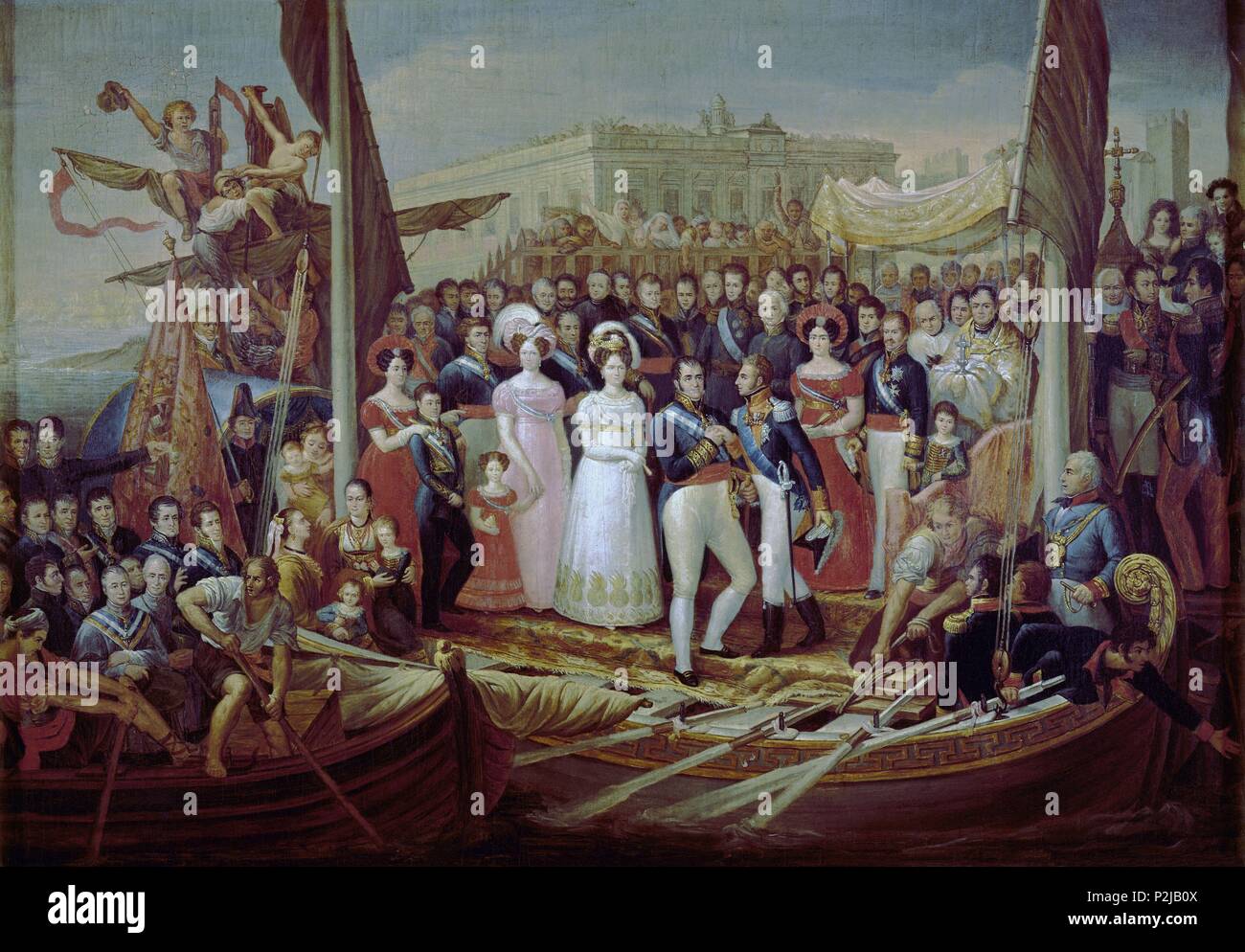 "Die Aufbringung von Ferdinand VII. in Puerto Santa Maria im Oktober 1st, 1823", 1838, Öl auf Leinwand, 110,5 x 142,7 cm. Autor: José Aparicio (1773-1838). Lage: MUSEO ROMANTICO - PINTURA, MADRID, SPANIEN. Stockfoto
