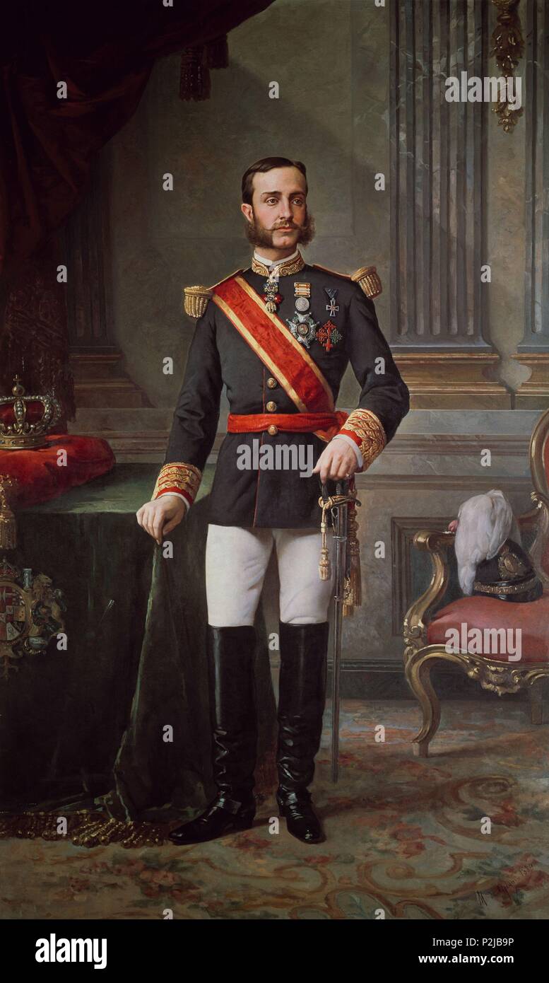 Portrait von Alphonse XII. in seiner Galauniform. 1884. Aranjuez, Royal Palace. Autor: Manuel ojeda y Siles (1835-1904). Lage: PALACIO REAL - PINTURAS, ARANJUEZ, MADRID, SPANIEN. Stockfoto