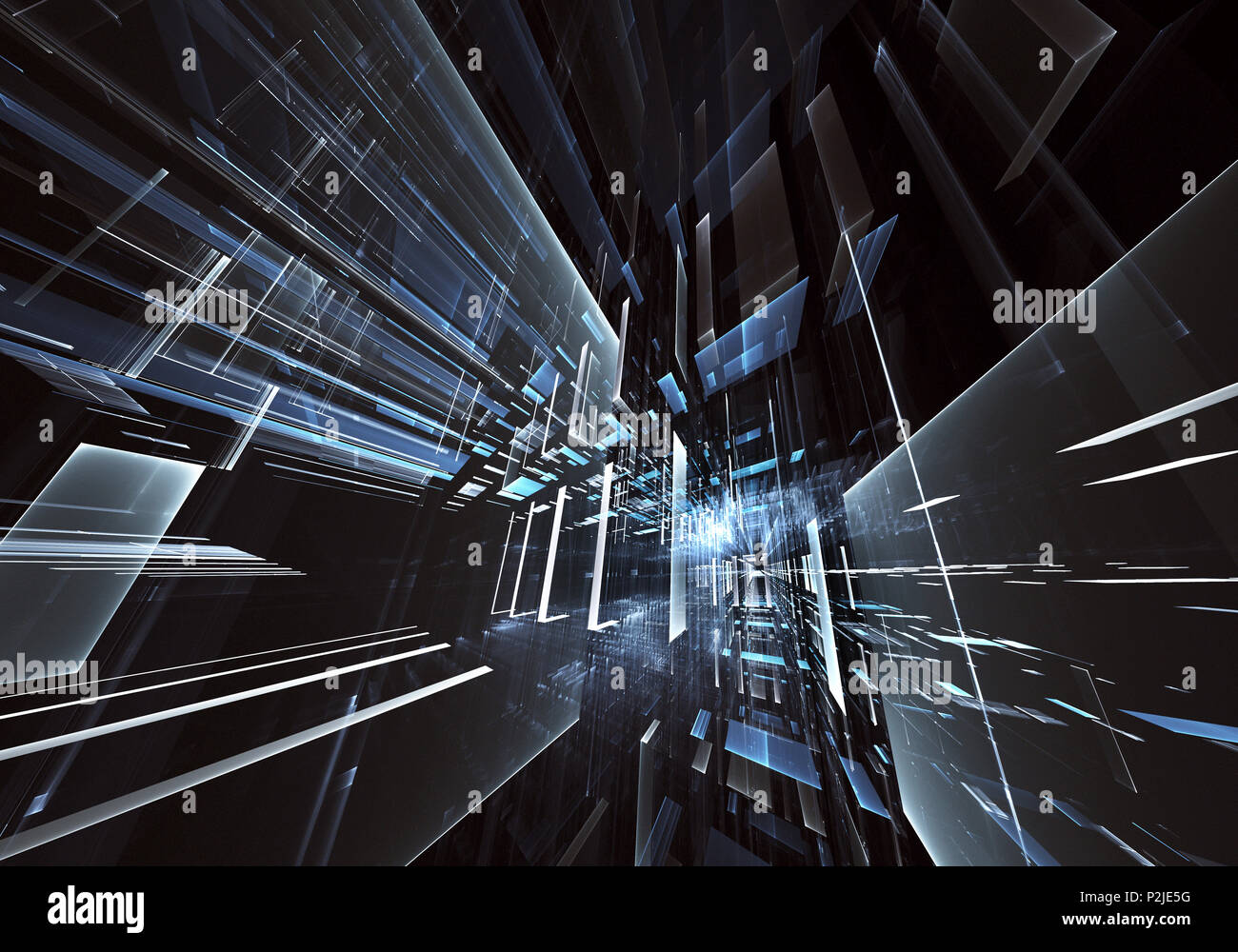 Abstrakte Zukunft Technologie Hintergrund - computergenerierte 3D-Bild. Fraktal Kunst: Glas Zimmer oder die Straße von surreal Stadt mit Licht Effekte. Hi-tech oder Stockfoto