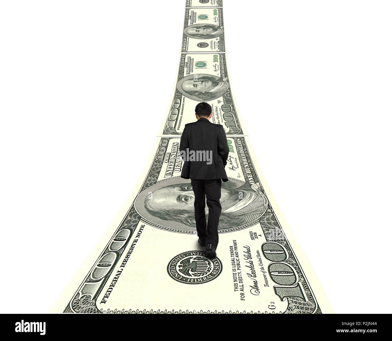 Unternehmer gehen auf wachsende Geld weg in weißem Hintergrund Stockfoto