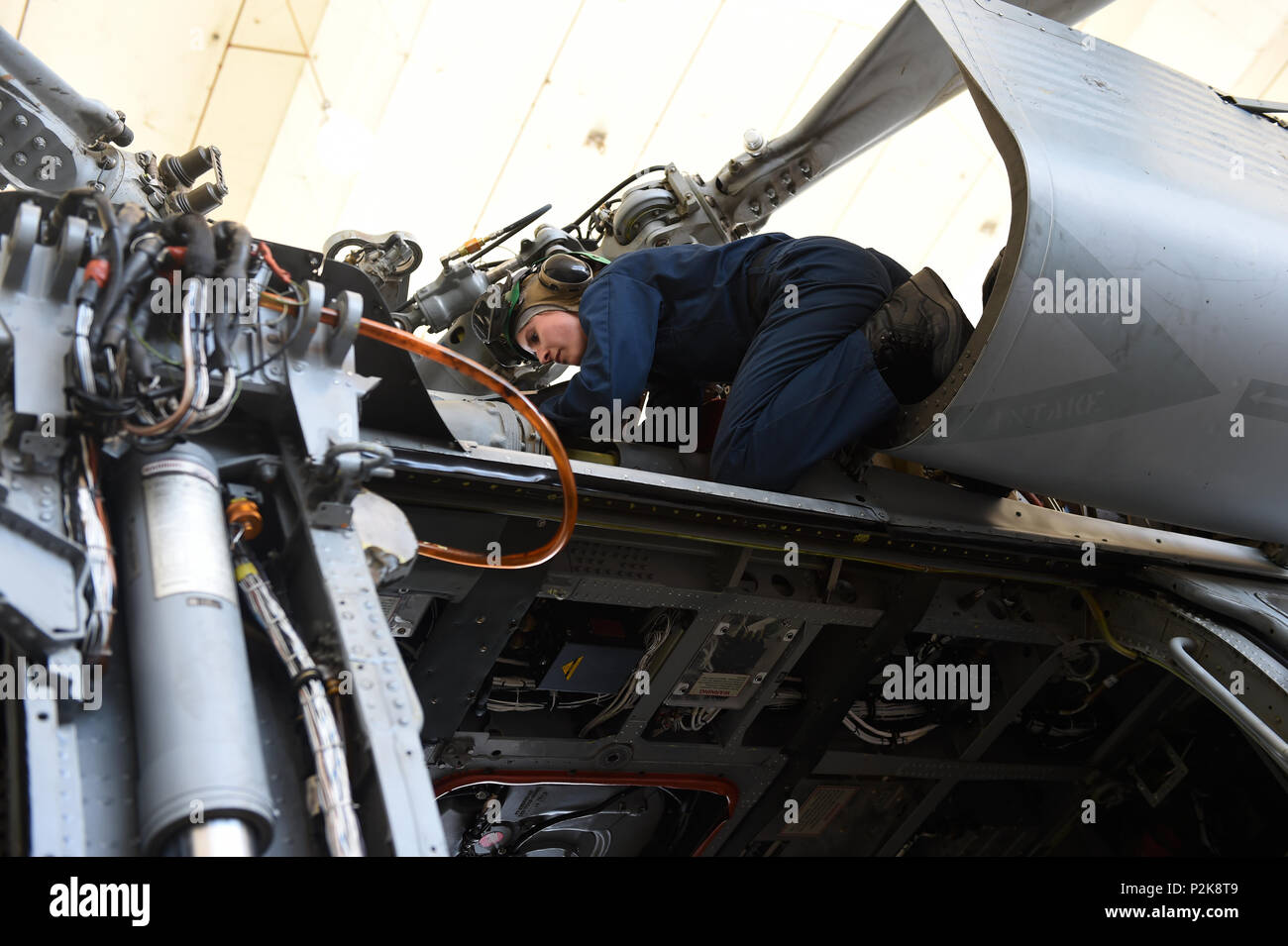 180609-N-OS 584-016, San Diego, CA (9. Juni 2018) Aviation Machinist Mate 2. Klasse Breanna Grün der Hubschrauber Meer Combat Squadron 21, Schwarz-Buchsen, Preform routinemäßige Wartungsarbeiten am Heckrotor Antriebswelle der MH-60S Nighthawk Helikopter. HSC-21 ist Teil der Hubschrauber Meer Combat Wing Pacific (HSCWINGPAC). Seine Mission ist, alle Wetter, vertikal-lift, combat ready"-Flugzeuge und Besatzungen weltweit zu implementieren. (U.S. Marine Foto von Mass Communication Specialist 1. Klasse Jimmie Crockett/Freigegeben) Stockfoto