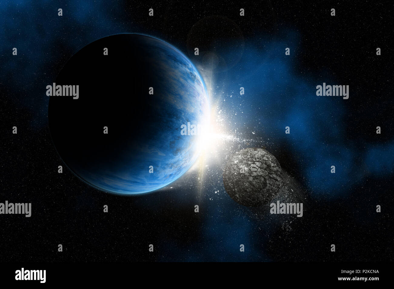 3D-Render von einem Raum Hintergrund mit fiktiven Planeten, Asteroiden rock Stockfoto