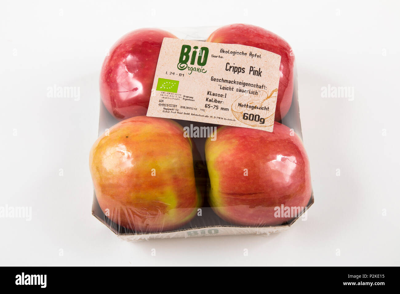 Frische Lebensmittel, Bio Lebensmittel, Bio Obst, jedes einzeln verpackt in der Plastikverpackung, alle Essen im gleichen Supermarkt auch ohne Plast verfügbar ist Stockfoto