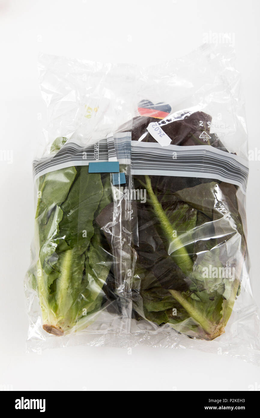 Frische Lebensmittel, Gemüse, jedes einzeln verpackt in der Plastikverpackung, alle Essen im gleichen Supermarkt auch ohne Verpackungen aus Kunststoff zur Verfügung steht, lassen Sie Stockfoto