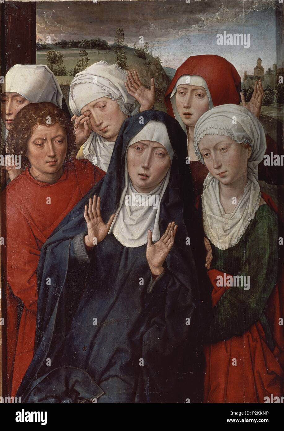 "Die heiligen Frauen und Saint John', Ca. 1492-1494, Öl auf Leinwand, 53,8 x 38,3 cm (Granada Diptychon, rechten Flügel). Autor: Hans Memling (C. 1433-1494). Lage: CATEDRAL - Capilla Real - INTERIEUR, Granada, Spanien. Auch als: LAS SANTAS MUJERES bekannt. Stockfoto