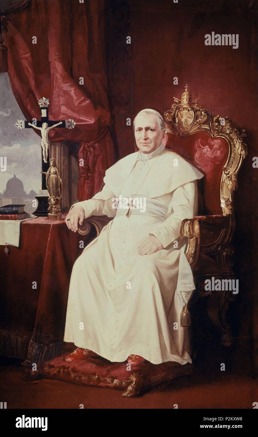 Porträt von Papst Pius IX. (Papst von 1846 bis 1878) Neben einem Kruzifix und eine Darstellung der Jungfrau sitzt. 1853. Öl auf Leinwand (135 x 96 cm). Madrid, Royal Palace. Autor: Antonio Soulbelt (19.). Lage: PALACIO REAL - PINTURA, MADRID, SPANIEN. Stockfoto