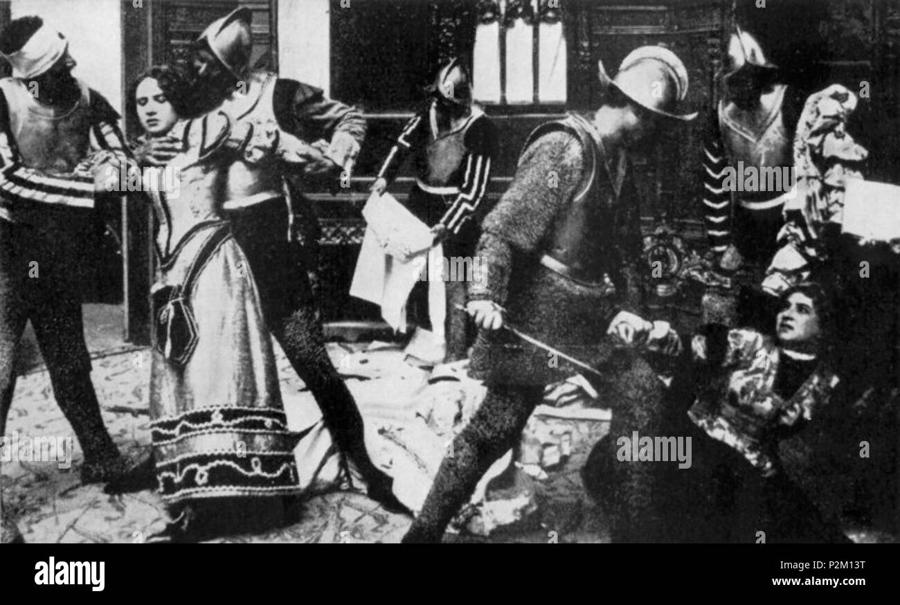 . Italiano: Immagine prodotta da uno Screenshot (o Da una Foto di Scena) della produzione Cine-sequenzen Giovanni dalle Bande Nere, regia Di Mario Caserini (1910) pubblicata in AA.VV., Cine-sequenzen 1906-1956 Mezzo secolo di Cinema italiano, a Cura dell'Ufficio stampa Cine-sequenzen, Roma 1956, Pag 9. . Diese Datei fehlt, Informationen zum Autor. 35 Giovannidallebandenere fotodiscena Stockfoto