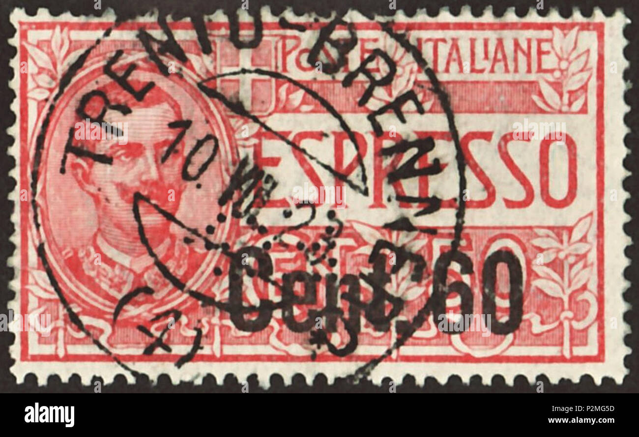 . Stempel des Königreichs Italien; 1922; express Stempel der Ausgabe von 1920, das in der Zeichnung "König Victor Emmanuel III - Typ EI' mit Aufdruck eines neuen Nennwert; Stempel mit Zeichnung eines Bildnis von König Victor Emmanuel III. von Italien in der Ständigen oval (Vorderansicht) (linker Bereich) und Aufschrift 'Espresso' in Großbuchstaben (rechts Mitte) mit floralen Ornamenten; schwarz single-line Aufdruck "Cent. 60' über alte Währung wert; in Trient (Region Trentino-Südtirol) 1923 Stempel: Michel Nr. 148 (= Nr. 132 aus dem Jahre 1920 mit Aufdruck); Yvert et Tellier: Nr. E8 Farbe: braun Ros abgestempelt wurden. Stockfoto